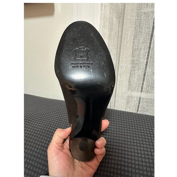 Stuart Weitzman Chocolate Brown Satin Peep-Toe Slingback Heels Size 9 - Picture 3 of 14